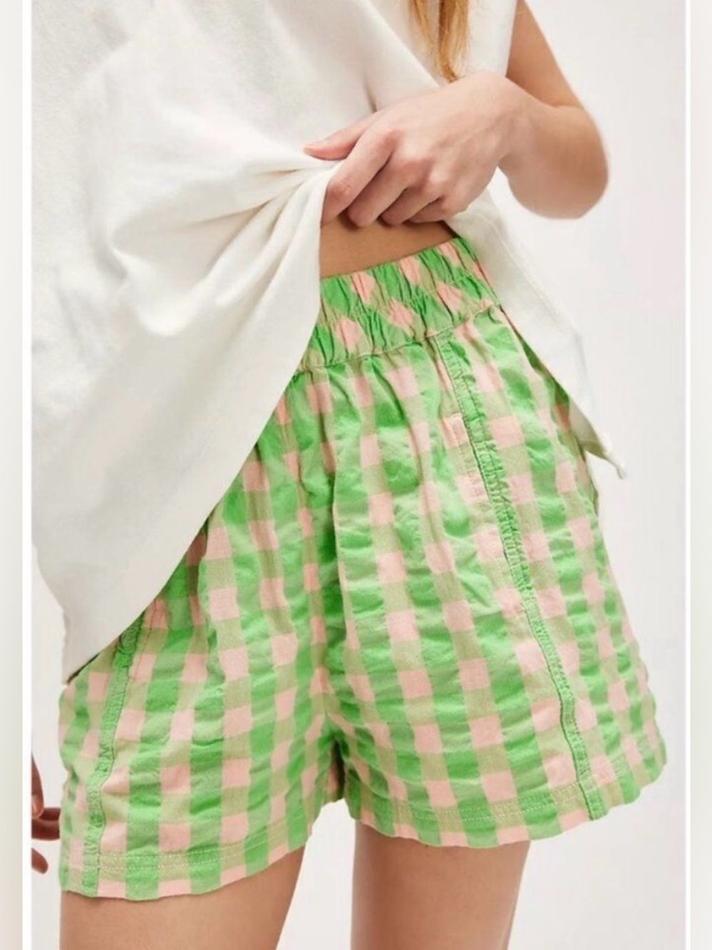 Free People Get Free Seersucker Pull On Gingham Shorts Lime Pink size XS comfy